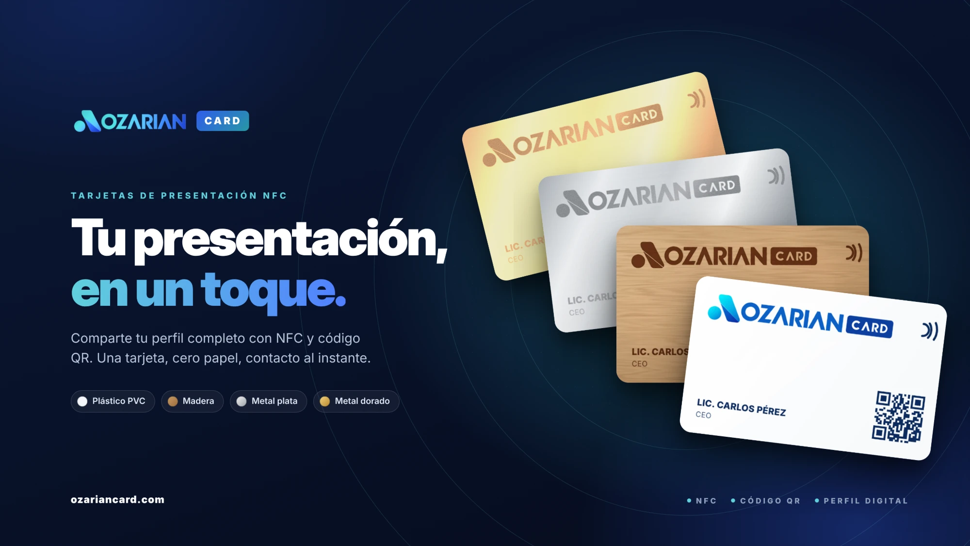 OZARIAN CARD: tarjetas de presentación NFC en plástico, madera, metal plata y metal dorado